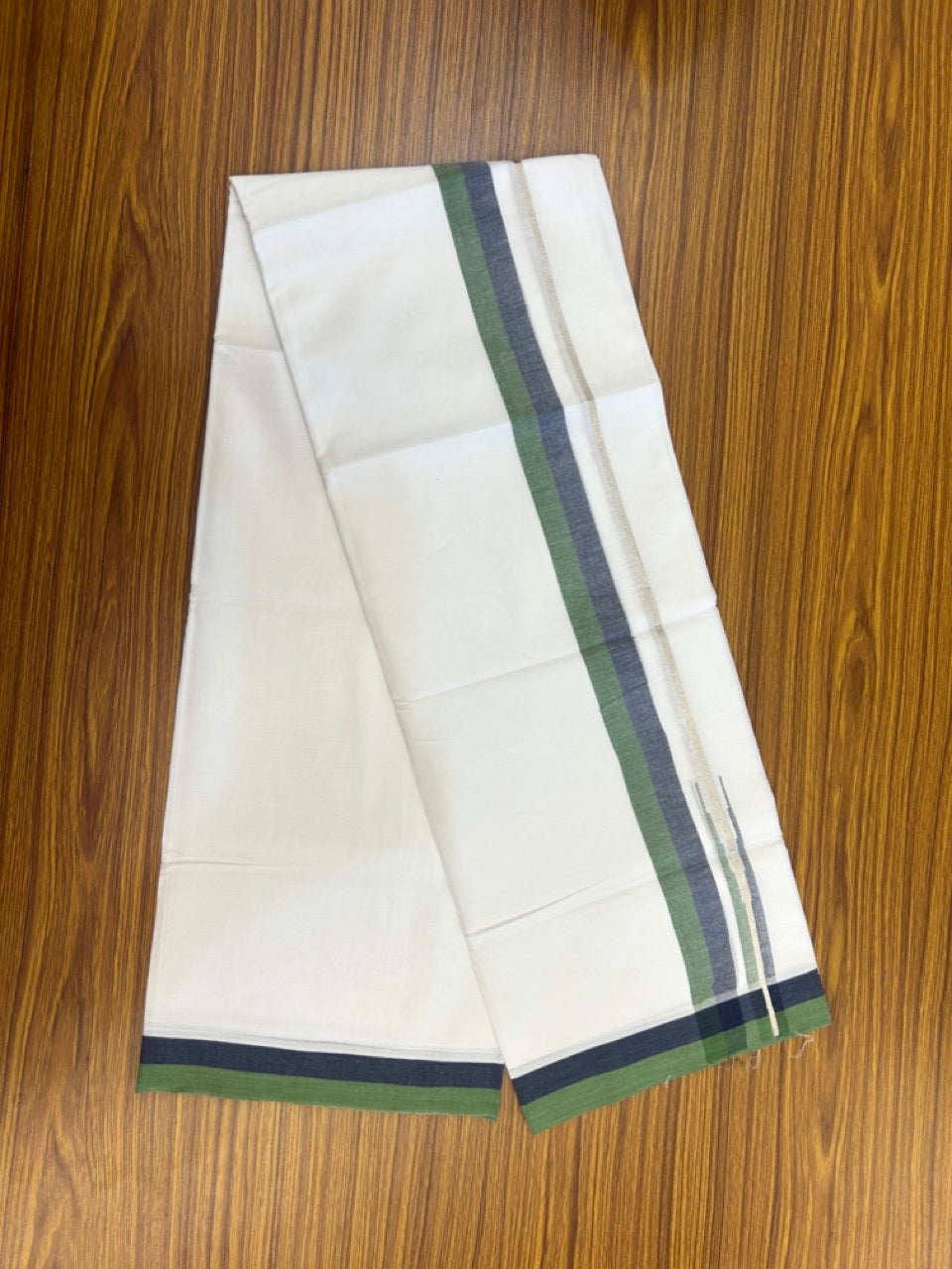 20% Discount ! NEW! KaithariKada Balaramapuram 100% Cotton Pure white Double Mundu/Dhoti - (100x80)s - 1.5 inch Navy Blue & Green Chutty Silver Kasav Kara- 15 KK5270 CKS
