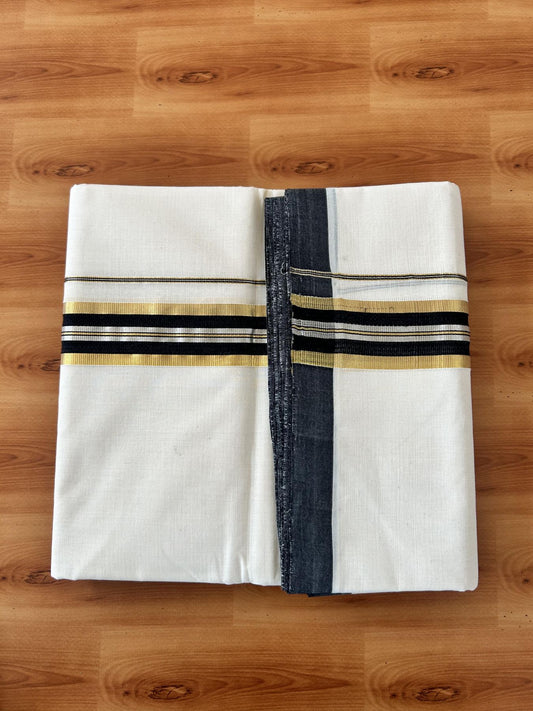 Double Off White (Unbleached) Mundu/Dhoti  25% Discount!! KaithariKada Handloom Millpaav - Kerala Handloom - 100% Pure Cotton - 80x90 - 1.25 Inch Gold Silver Kasav & Black Striped Kara - 4 mtr (8.5 Muzham) - 5 KK5459 RAM