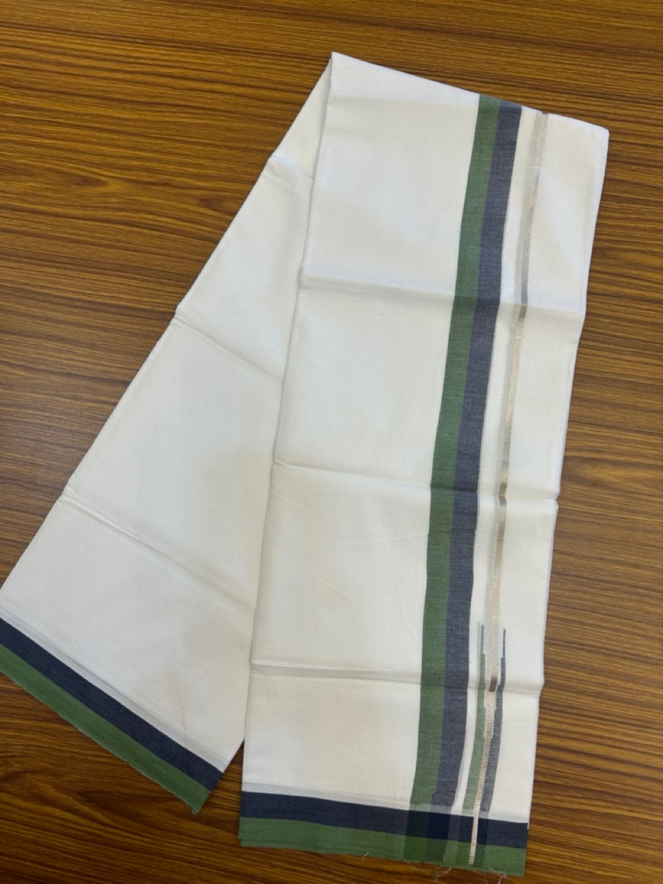 20% Discount ! NEW! KaithariKada Balaramapuram 100% Cotton Pure white Double Mundu/Dhoti - (100x80)s - 1.5 inch Navy Blue & Green Chutty Silver Kasav Kara- 15 KK5270 CKS