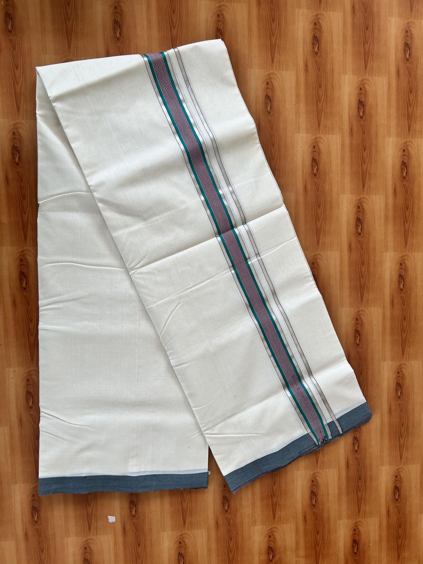 Double Off White (Unbleached) Mundu/Dhoti  25% Discount!! KaithariKada Handloom Unakkupaav - Kerala Handloom - 100% Pure Cotton - 80x90 - 1.25 Inch Silver Kasav Peacock Green & Dark Maroon Striped Kara - 4 mtr (8.5 Muzham) - 7 KK5459 ABH