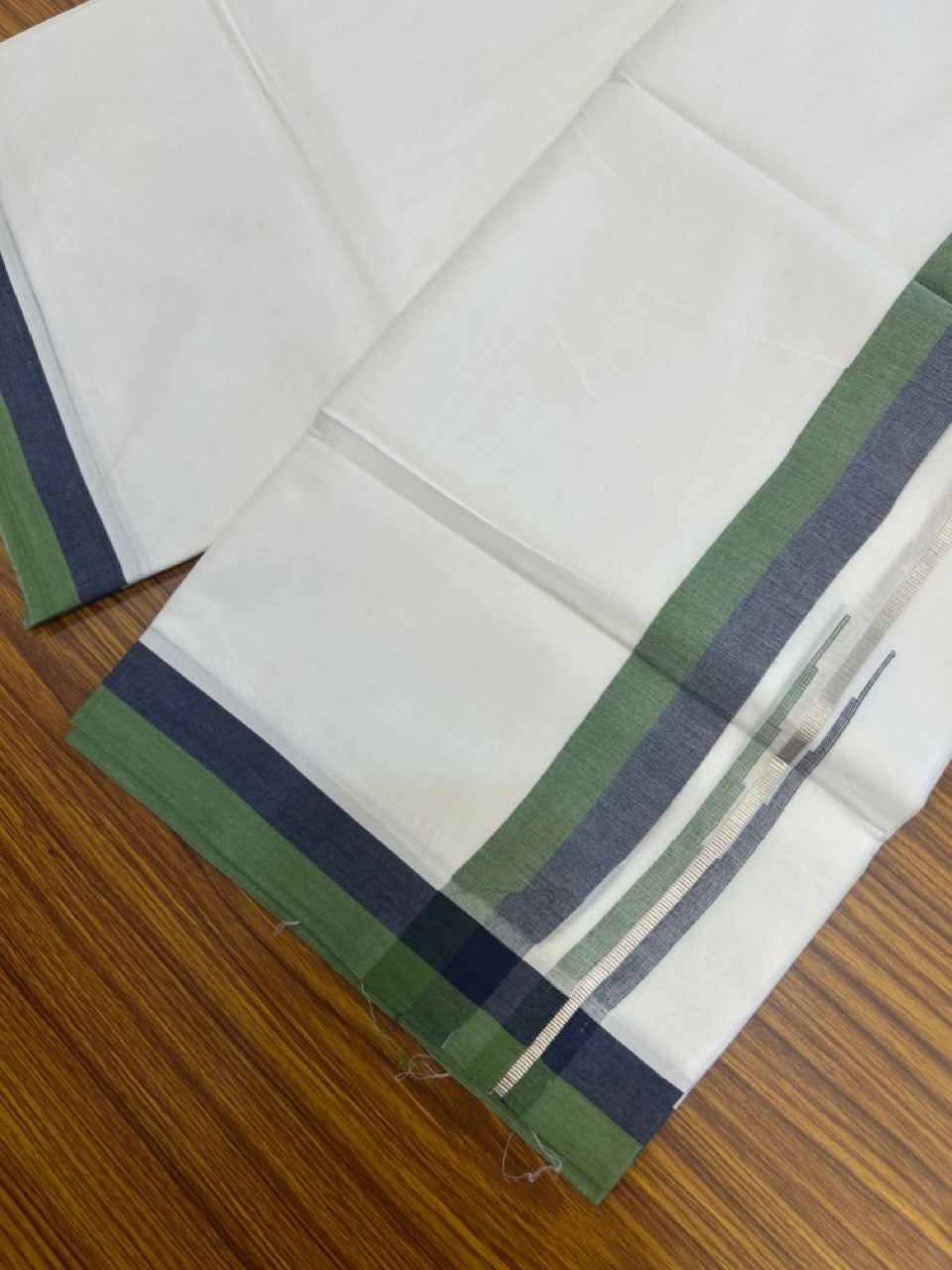 20% Discount ! NEW! KaithariKada Balaramapuram 100% Cotton Pure white Double Mundu/Dhoti - (100x80)s - 1.5 inch Navy Blue & Green Chutty Silver Kasav Kara- 15 KK5270 CKS