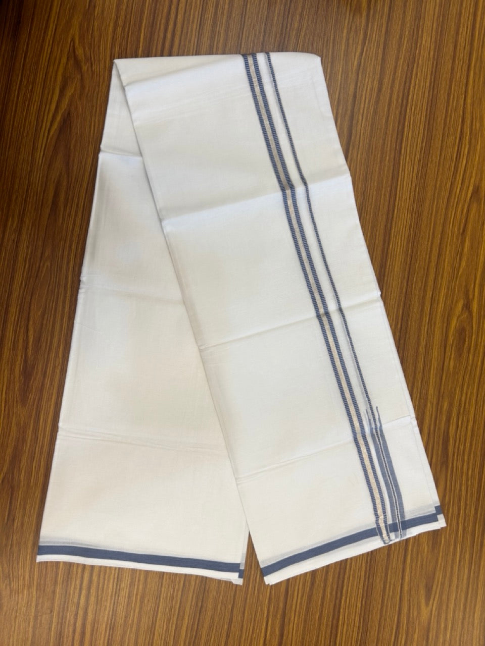 20% Discount ! NEW! KaithariKada Balaramapuram 100% Cotton Pure white Double Mundu/Dhoti - (100x80)s - 0.75 inch Ash Blue Chutty Silver Kasav  Kara- 16 KK5270 CKS