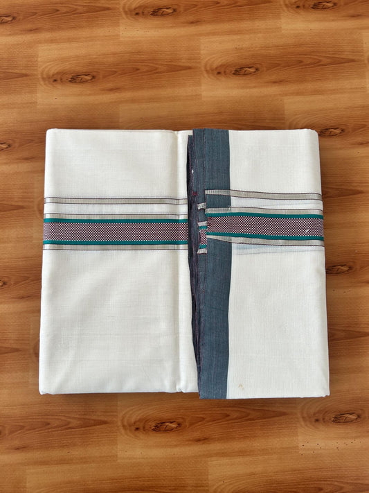 Double Off White (Unbleached) Mundu/Dhoti  25% Discount!! KaithariKada Handloom Unakkupaav - Kerala Handloom - 100% Pure Cotton - 80x90 - 1.25 Inch Silver Kasav Peacock Green & Dark Maroon Striped Kara - 4 mtr (8.5 Muzham) - 7 KK5459 ABH