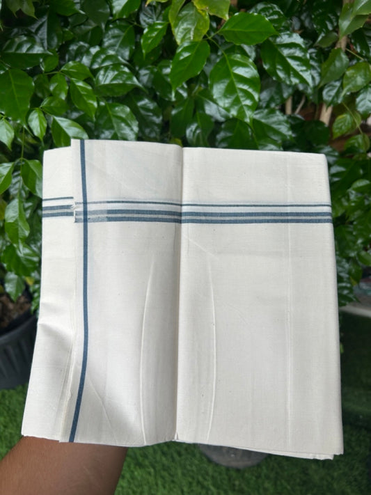 24% Discount !! KaithariKada Balaramapuram 100% Cotton OFF WHITE (Unbleached) Single Mundu/Dhoti - Twisted 60s Thread - 0.8 cm  Navy blue shaded striped Kara (2 meter / 4 muzham) - 57KK5241 GL