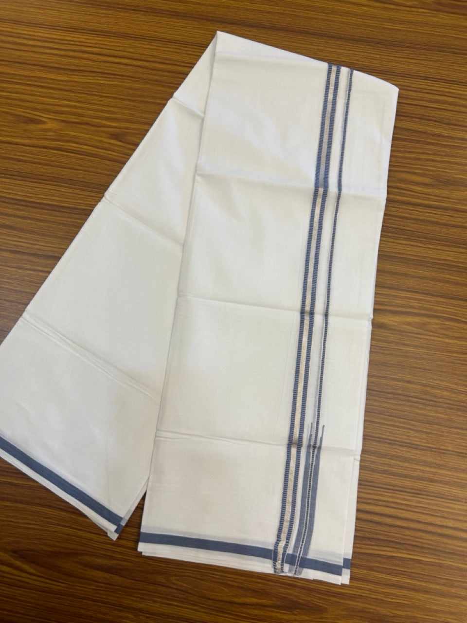 20% Discount ! NEW! KaithariKada Balaramapuram 100% Cotton Pure white Double Mundu/Dhoti - (100x80)s - 0.75 inch Ash Blue Chutty Silver Kasav  Kara- 16 KK5270 CKS
