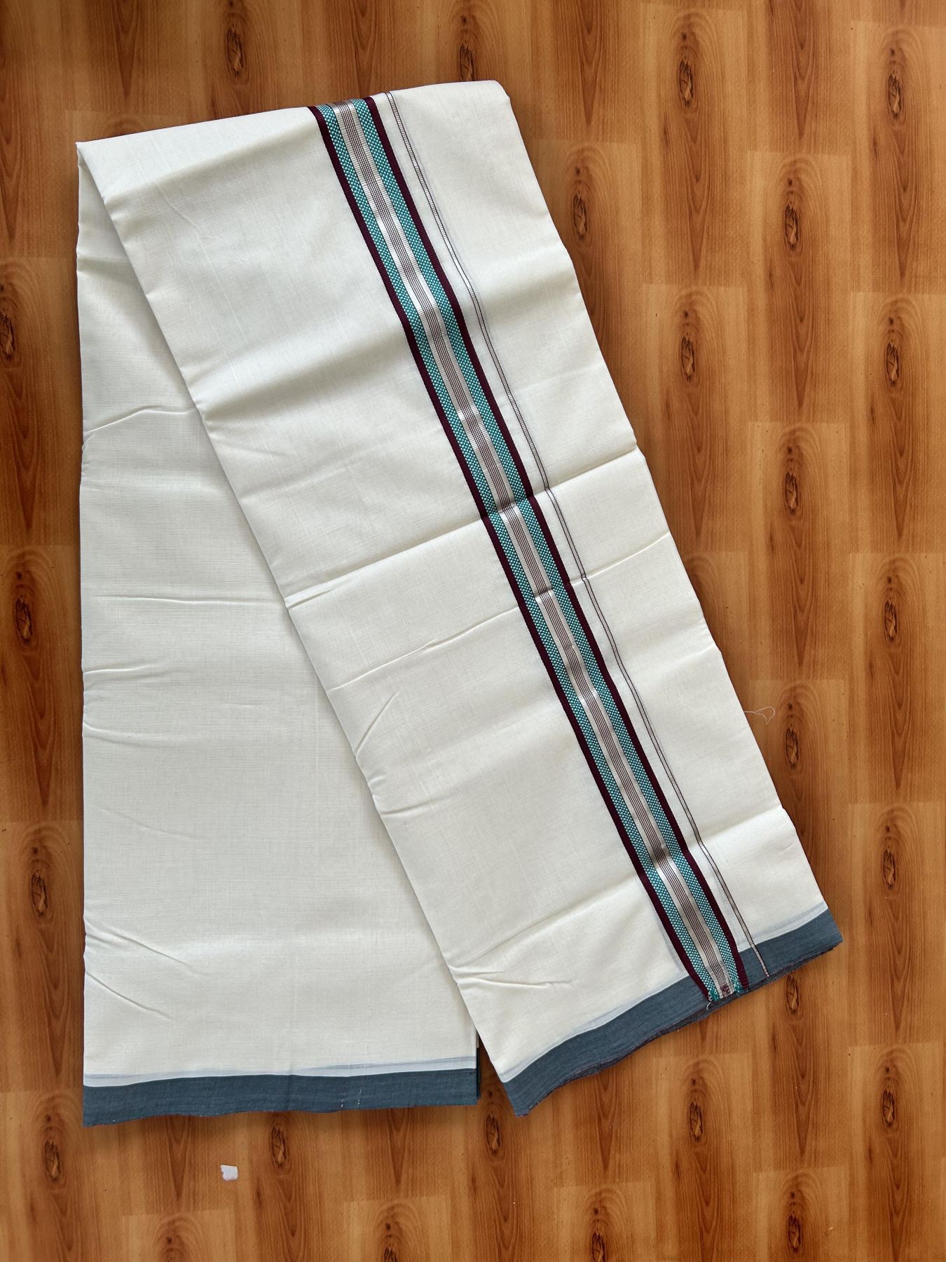 Double Off White (Unbleached) Mundu/Dhoti  25% Discount!! KaithariKada Handloom Unakkupaav - Kerala Handloom - 100% Pure Cotton - 80x90 - 1.25 Inch Silver Kasav Peacock Green & Wine Purple Striped Kara - 4 mtr (8.5 Muzham) - 8 KK5459 ABH