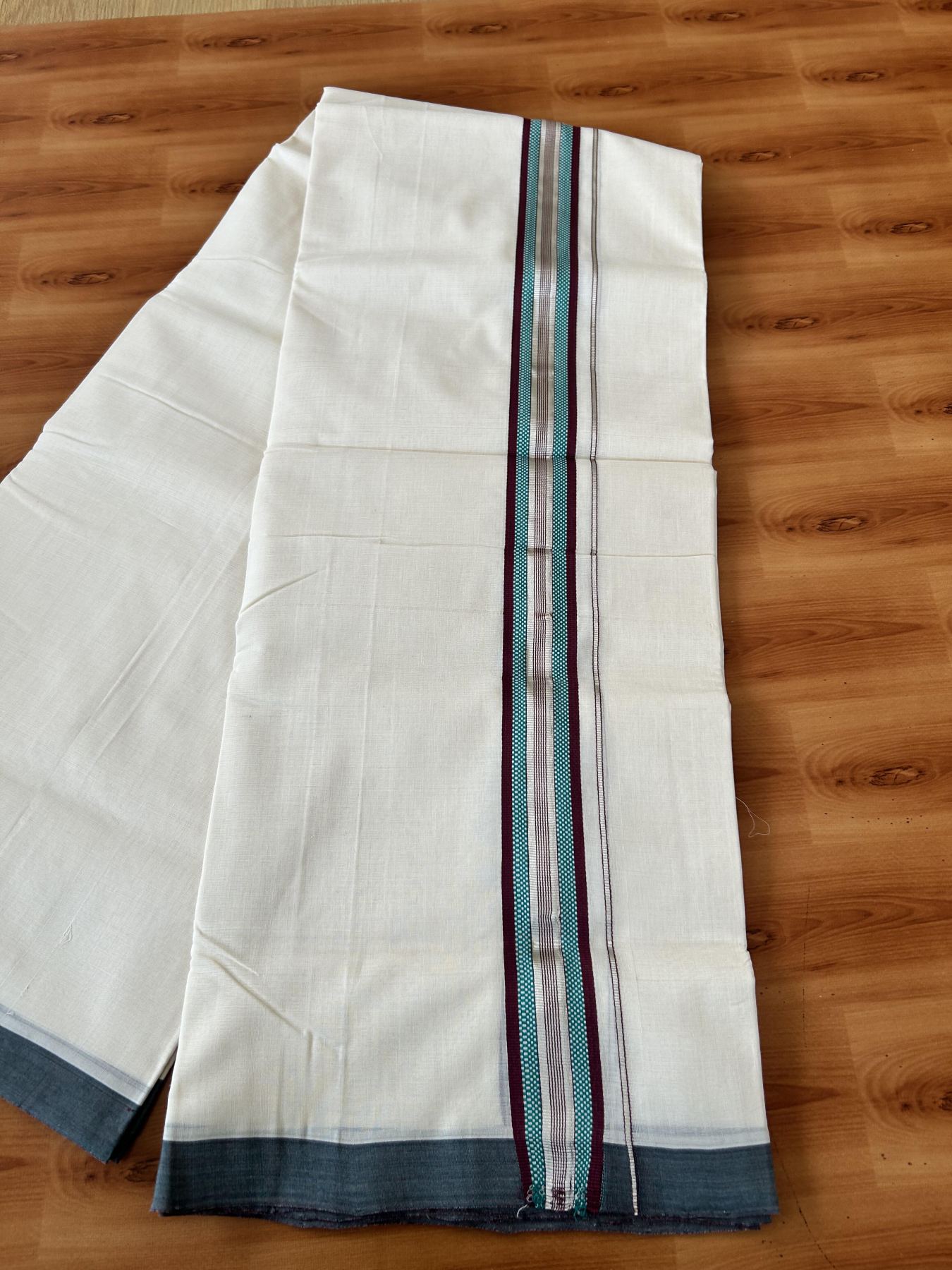 Double Off White (Unbleached) Mundu/Dhoti  25% Discount!! KaithariKada Handloom Unakkupaav - Kerala Handloom - 100% Pure Cotton - 80x90 - 1.25 Inch Silver Kasav Peacock Green & Wine Purple Striped Kara - 4 mtr (8.5 Muzham) - 8 KK5459 ABH