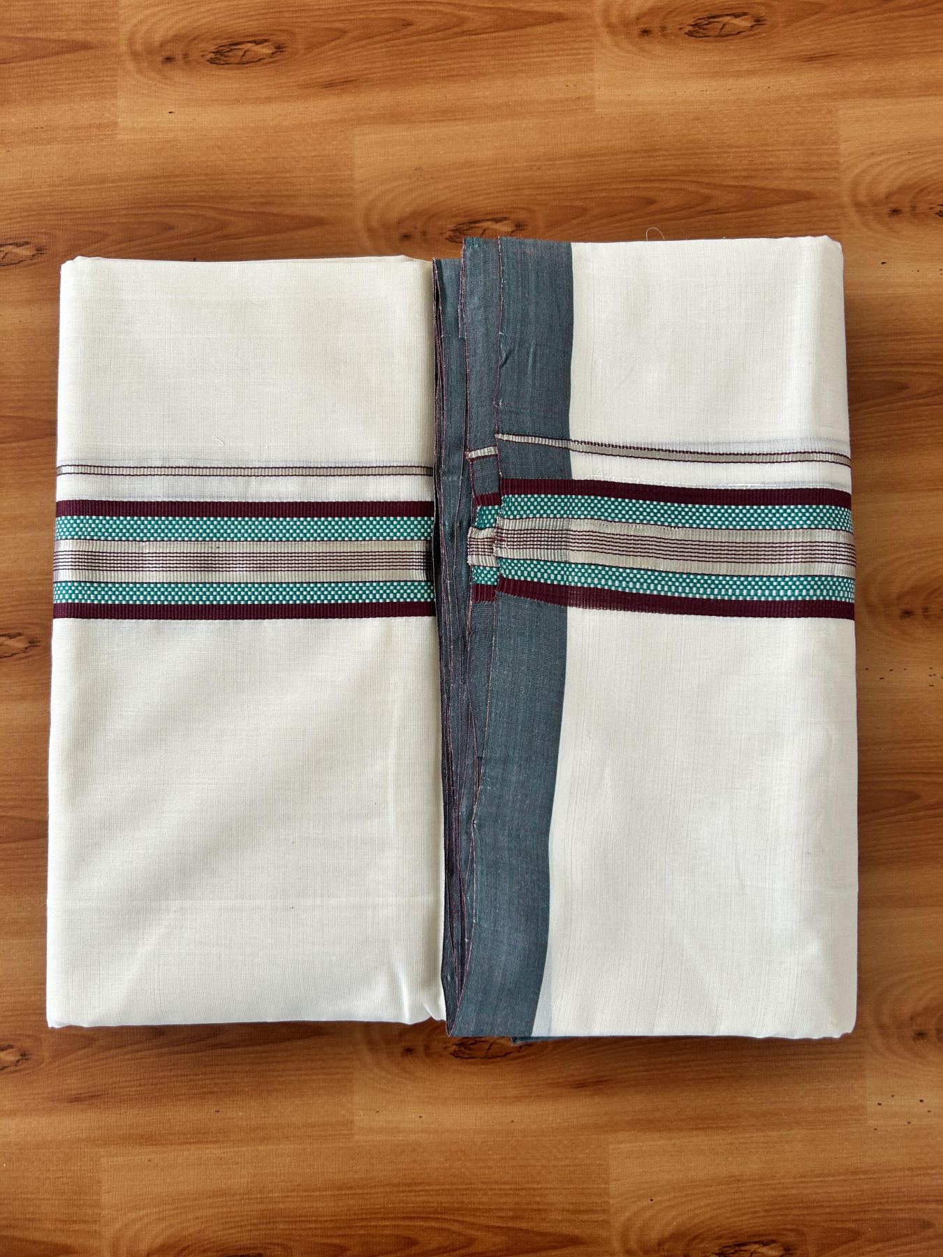 Double Off White (Unbleached) Mundu/Dhoti  25% Discount!! KaithariKada Handloom Unakkupaav - Kerala Handloom - 100% Pure Cotton - 80x90 - 1.25 Inch Silver Kasav Peacock Green & Wine Purple Striped Kara - 4 mtr (8.5 Muzham) - 8 KK5459 ABH