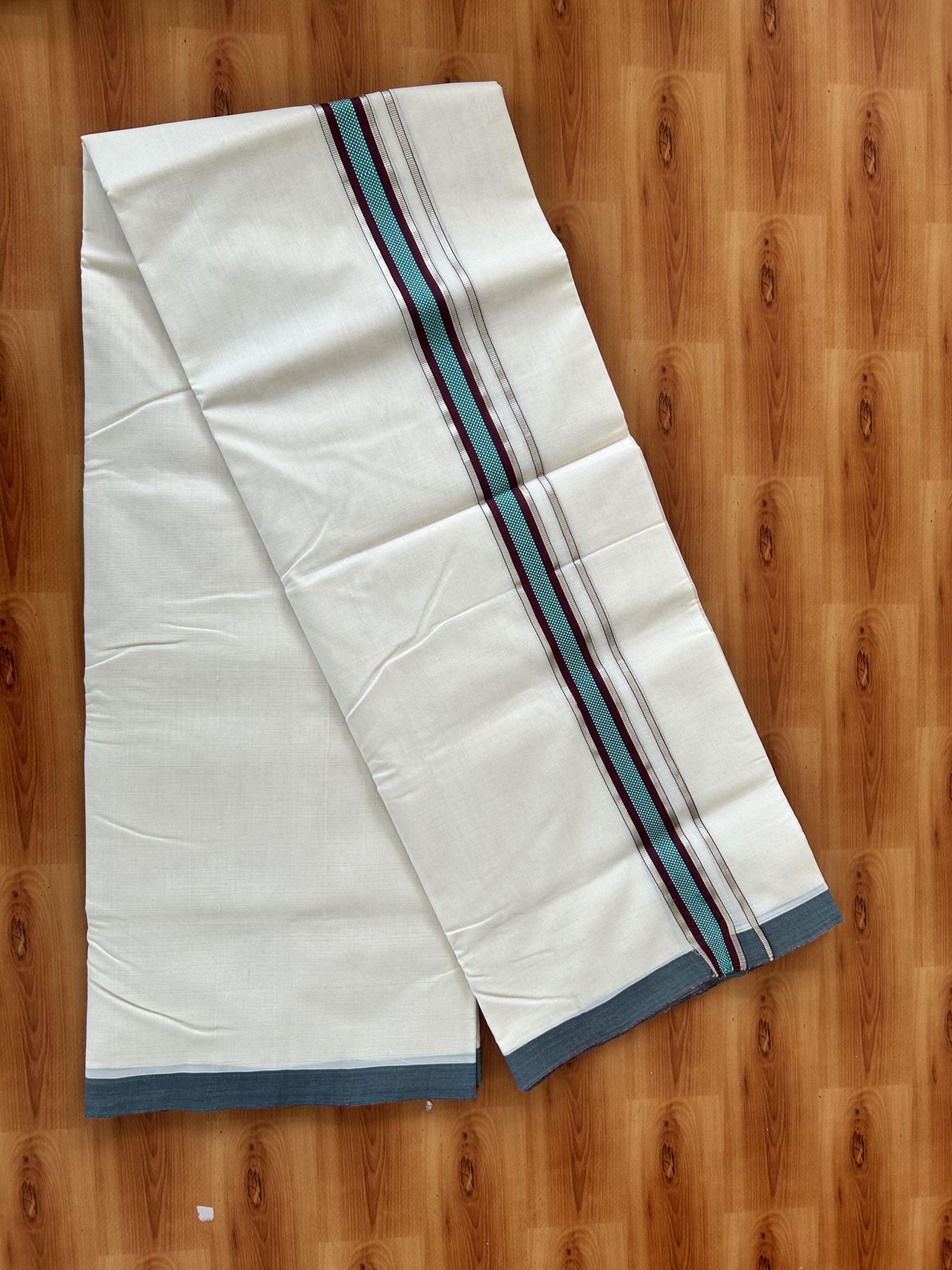Double Off White (Unbleached) Mundu/Dhoti  25% Discount!! KaithariKada Handloom Unakkupaav - Kerala Handloom - 100% Pure Cotton - 80x90 - 1.25 Inch Silver Kasav Peacock Green & Wine Purple design Kara - 4 mtr (8.5 Muzham) - 9 KK5459 ABH