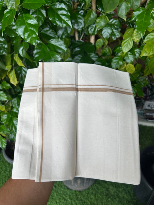 24% Discount !! KaithariKada Balaramapuram 100% Cotton OFF WHITE (Unbleached) Single Mundu/Dhoti - Twisted 60s Thread - 0.8 cm  Peanut Brown & green shaded striped Kara (2 meter / 4 muzham) - 59KK5241 GL