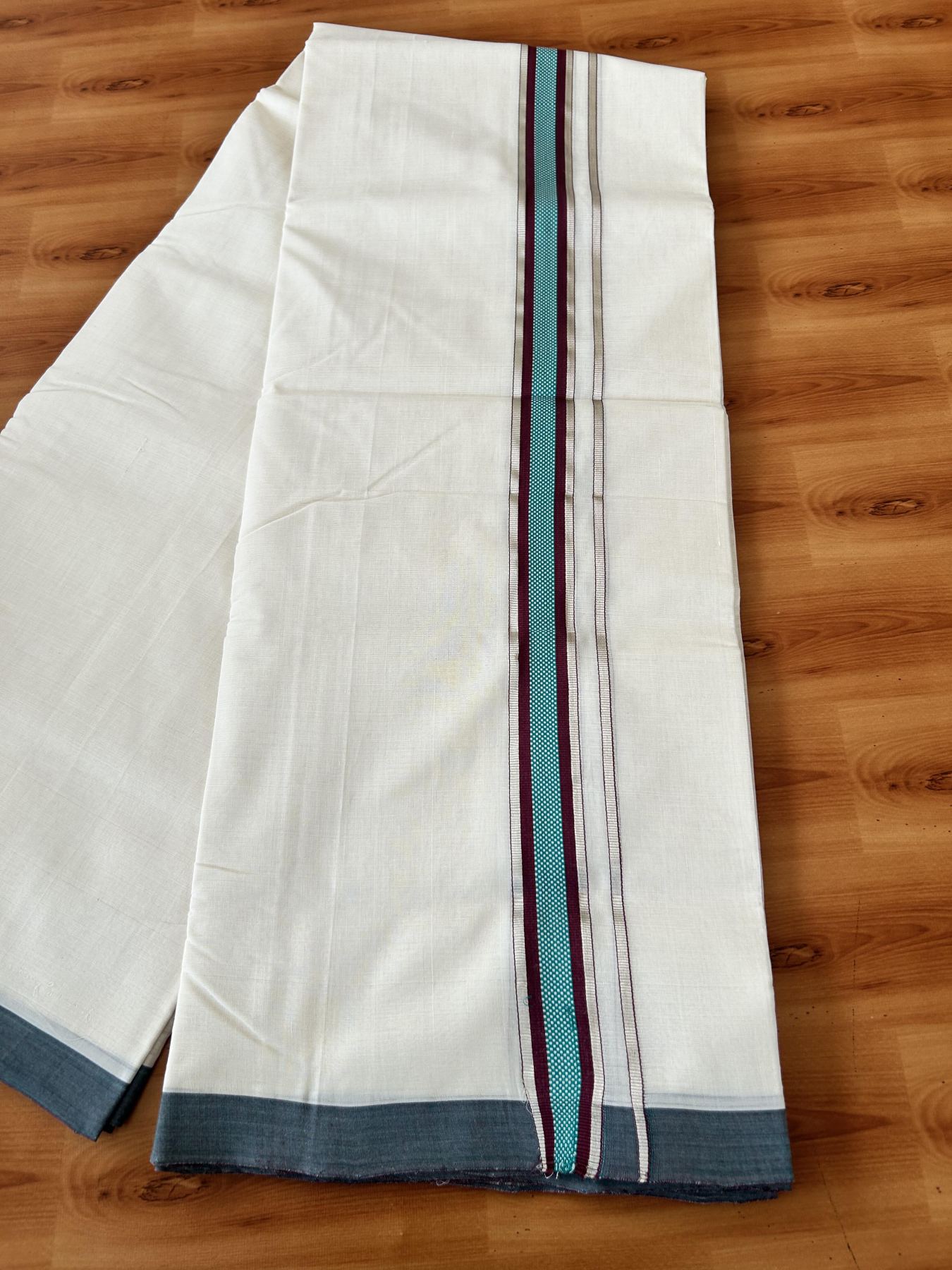 Double Off White (Unbleached) Mundu/Dhoti  25% Discount!! KaithariKada Handloom Unakkupaav - Kerala Handloom - 100% Pure Cotton - 80x90 - 1.25 Inch Silver Kasav Peacock Green & Wine Purple design Kara - 4 mtr (8.5 Muzham) - 9 KK5459 ABH