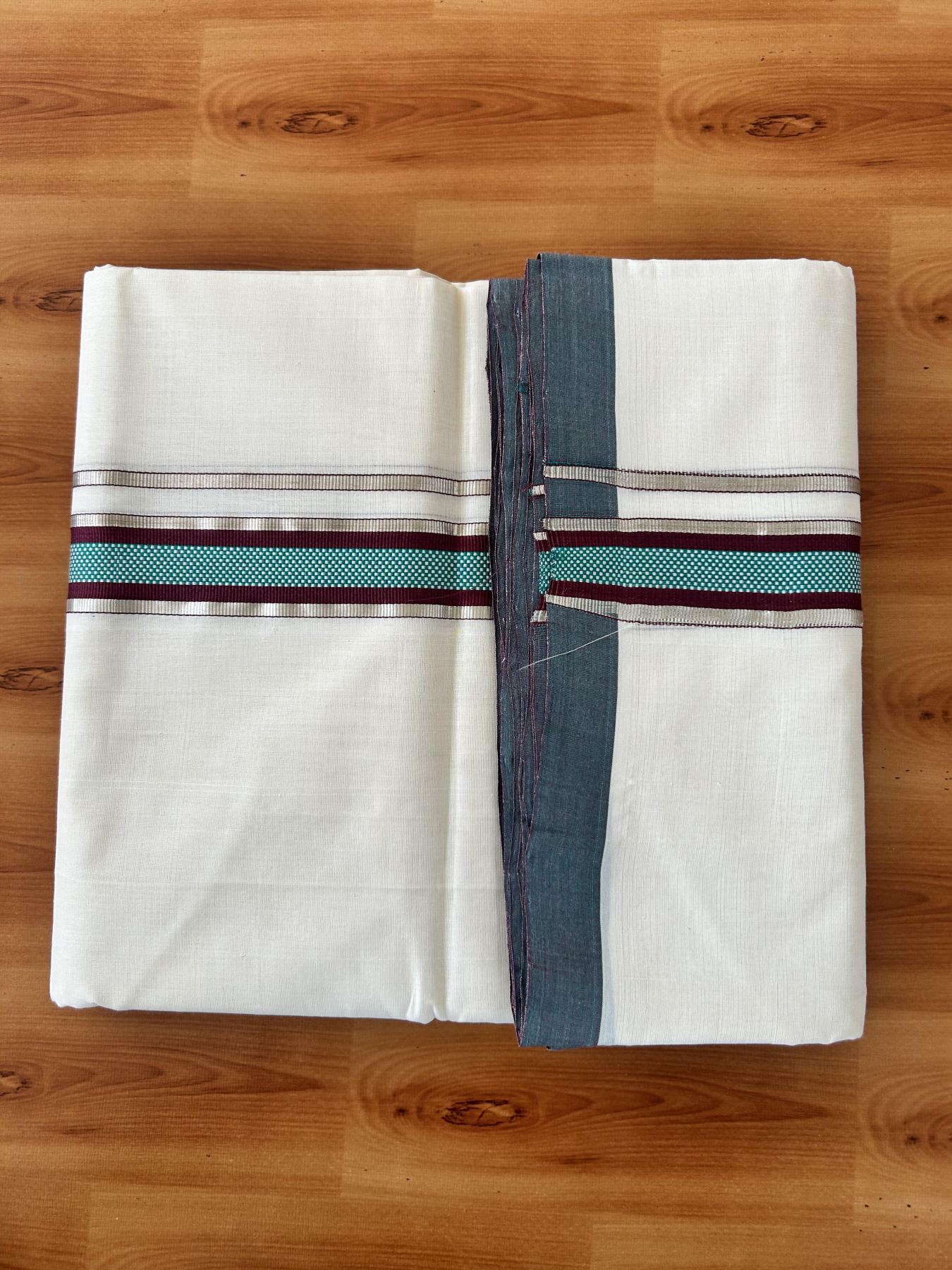 Double Off White (Unbleached) Mundu/Dhoti  25% Discount!! KaithariKada Handloom Unakkupaav - Kerala Handloom - 100% Pure Cotton - 80x90 - 1.25 Inch Silver Kasav Peacock Green & Wine Purple design Kara - 4 mtr (8.5 Muzham) - 9 KK5459 ABH