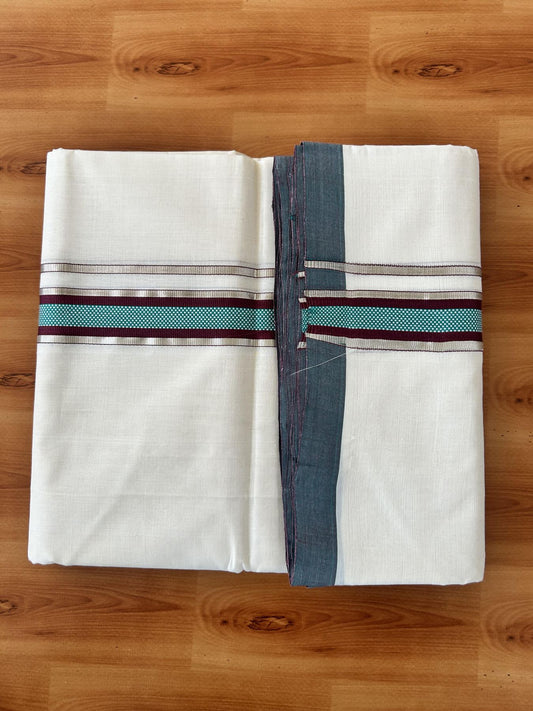 Double Off White (Unbleached) Mundu/Dhoti  25% Discount!! KaithariKada Handloom Unakkupaav - Kerala Handloom - 100% Pure Cotton - 80x90 - 1.25 Inch Silver Kasav Peacock Green & Wine Purple design Kara - 4 mtr (8.5 Muzham) - 9 KK5459 ABH