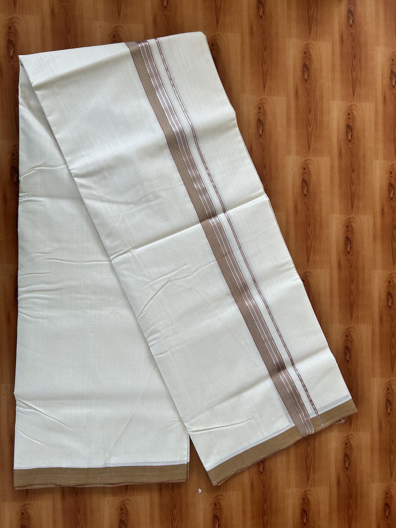 Double Off White (Unbleached) Mundu/Dhoti  25% Discount!! KaithariKada Handloom Unakkupaav - Kerala Handloom - 100% Pure Cotton - 80x90 - 1 Inch Silver Kasav Light Green & Brick Orange design Striped Kara - 4 mtr (8.5 Muzham) - 10 KK5459 ABH