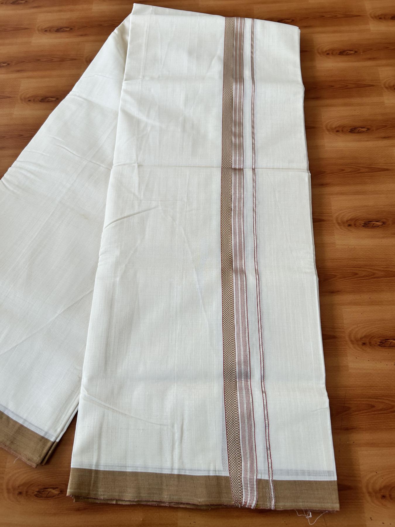 Double Off White (Unbleached) Mundu/Dhoti  25% Discount!! KaithariKada Handloom Unakkupaav - Kerala Handloom - 100% Pure Cotton - 80x90 - 1 Inch Silver Kasav Light Green & Brick Orange design Striped Kara - 4 mtr (8.5 Muzham) - 10 KK5459 ABH