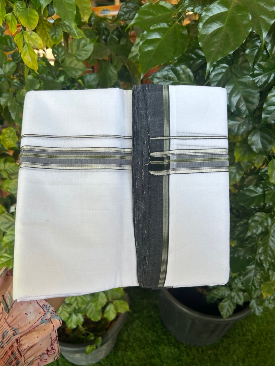 25% Discount!! NEW ULTRA PURE WHITE HANDLOOM Balaramapuram - 100% MERCERISED Cotton Double Mundu/Dhoti - 120 twisted warp x 80s weft - Green Black Silver Kasav Kara- 1 KK5270 REA