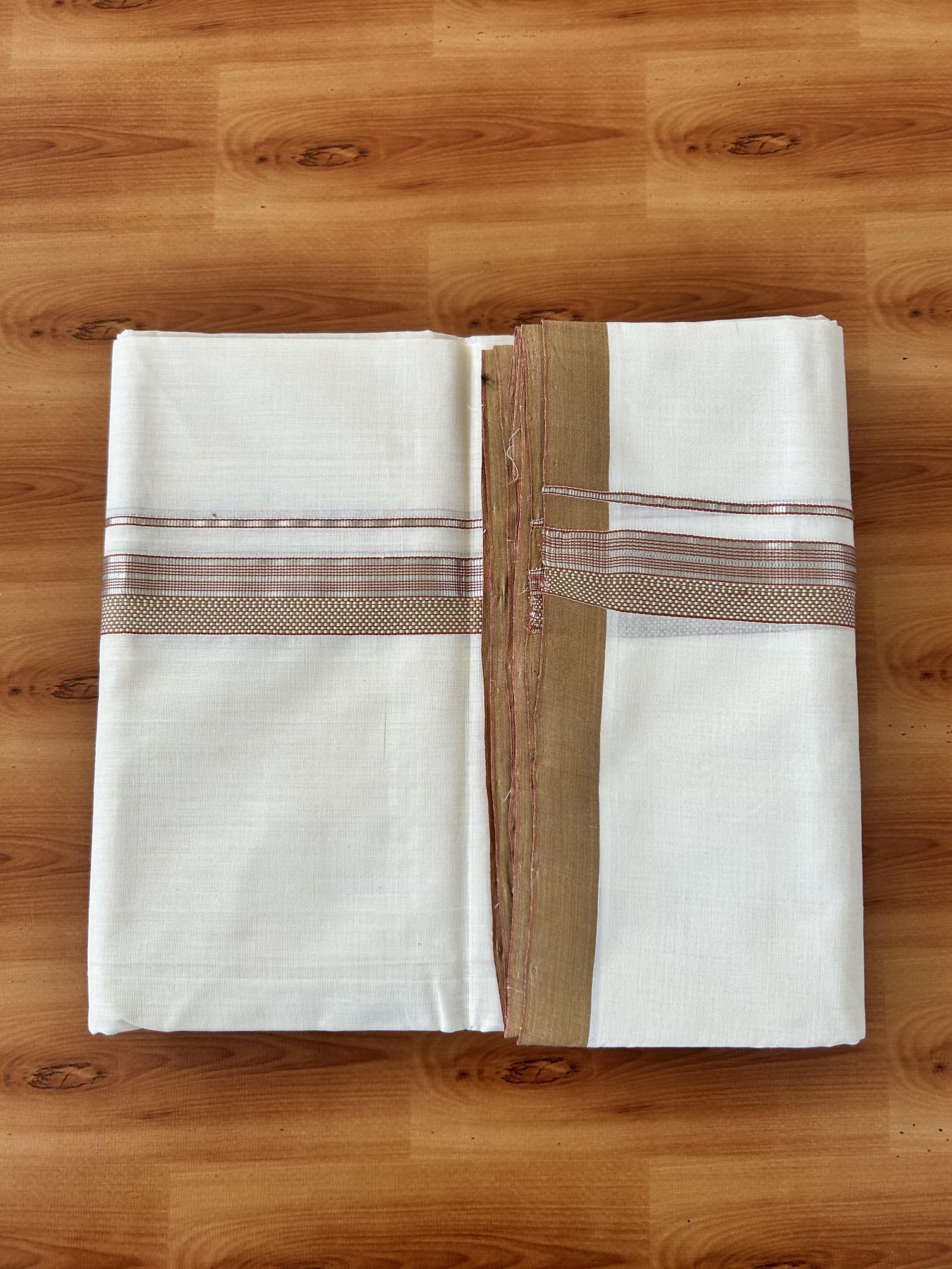 Double Off White (Unbleached) Mundu/Dhoti  25% Discount!! KaithariKada Handloom Unakkupaav - Kerala Handloom - 100% Pure Cotton - 80x90 - 1 Inch Silver Kasav Light Green & Brick Orange design Striped Kara - 4 mtr (8.5 Muzham) - 10 KK5459 ABH