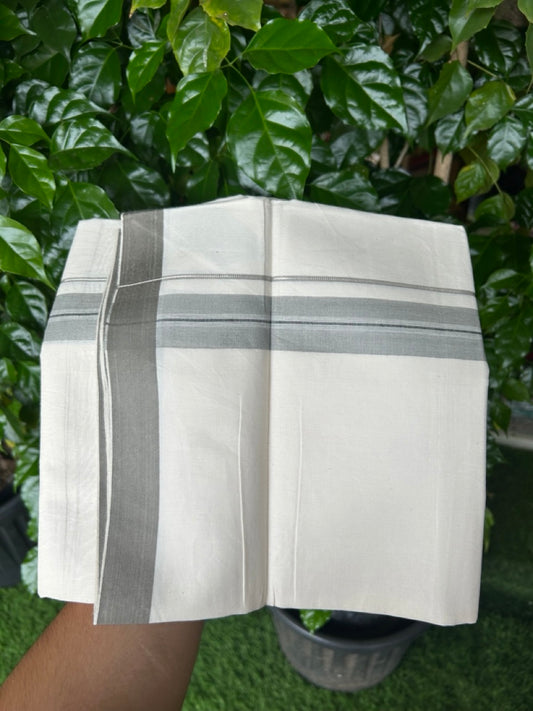 24% Discount !! KaithariKada Balaramapuram 100% Cotton OFF WHITE (Unbleached) Single Mundu/Dhoti - Twisted 60s Thread - 1.25 inch Silver kasavu Dark Greyish brown shaded Black striped Kara (2 meter / 4 muzham) - 44KK5241 GL