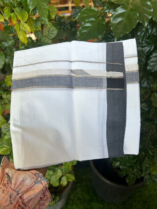 20% Discount ! Kaitharikada Balaramapuram 100% Cotton Pure White Double Mundu/Dothi - 100x80 - 1.5 inch Black & Silver Kasav Design Kara 4 mtr (8.5 muzham) - 7 KK5270 VAS