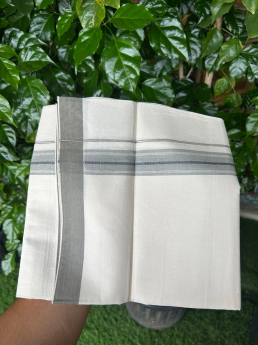 24% Discount !! KaithariKada Balaramapuram 100% Cotton OFF WHITE (Unbleached) Single Mundu/Dhoti - Twisted 60s Thread - 1.25 inch Silver kasavu Dark Greyish brown shaded Black striped Kara (2 meter / 4 muzham) - 43KK5241 GL