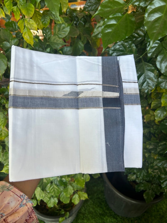 20% Discount ! Kaitharikada Balaramapuram 100% Cotton Pure White Double Mundu/Dothi - 100x80 - 1.5 inch Blue & Silver Kasav Design Kara 4 mtr (8.5 muzham) - 6 KK5270 VAS