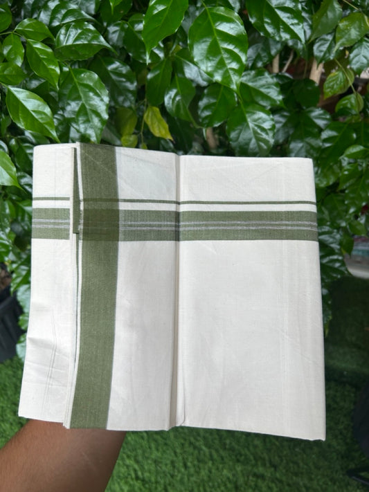 24% Discount !! KaithariKada Balaramapuram 100% Cotton OFF WHITE (Unbleached) Single Mundu/Dhoti - Twisted 60s Thread - 1 inch Olive Green shaded striped Kara (2 meter / 4 muzham) - 42KK5241 GL