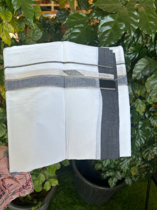 20% Discount ! Kaitharikada Balaramapuram 100% Cotton Pure White Double Mundu/Dothi - 100x80 - 1.5 inch Black & Silver Kasav Design Kara 4 mtr (8.5 muzham) - 5 KK5270 VAS