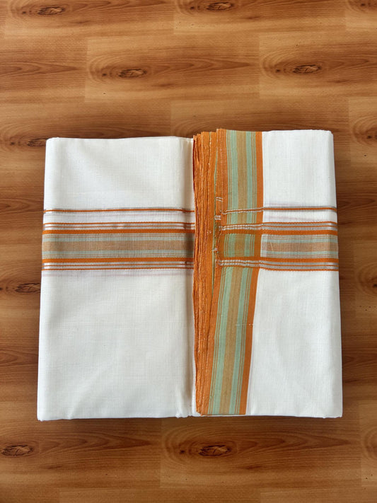 Double Off White (Unbleached) Mundu/Dhoti  25% Discount!! KaithariKada Handloom Unakkupaav - Kerala Handloom - 100% Pure Cotton - 80x90 - 1.75 Inch Silver Kasav Light Green & Orange design Striped Kara - 4 mtr (8.5 Muzham) - 11 KK5459 ABH