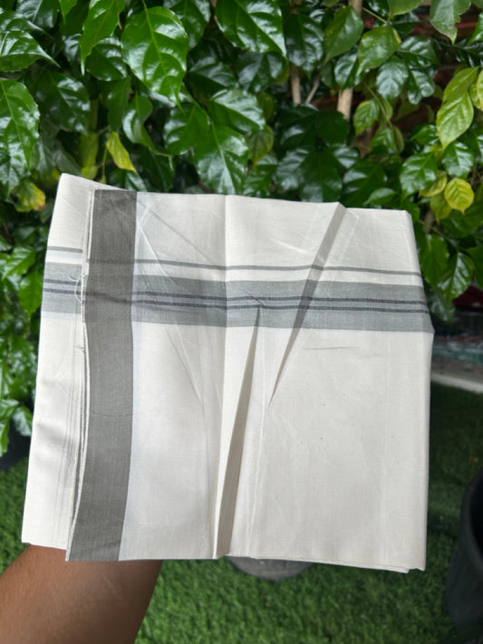 24% Discount !! KaithariKada Balaramapuram 100% Cotton OFF WHITE (Unbleached) Single Mundu/Dhoti - Twisted 60s Thread - 1.25 inch Dark Greyish brown shaded black striped Kara (2 meter / 4 muzham) - 41KK5241 GL