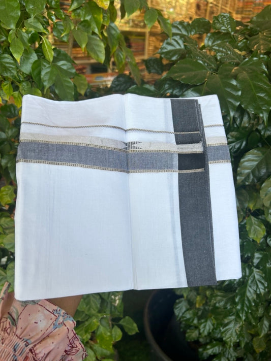 20% Discount ! Kaitharikada Balaramapuram 100% Cotton Pure White Double Mundu/Dothi - 100x80 - 1.5 inch Black & Silver Kasav Design Kara 4 mtr (8.5 muzham) - 4 KK5270 VAS
