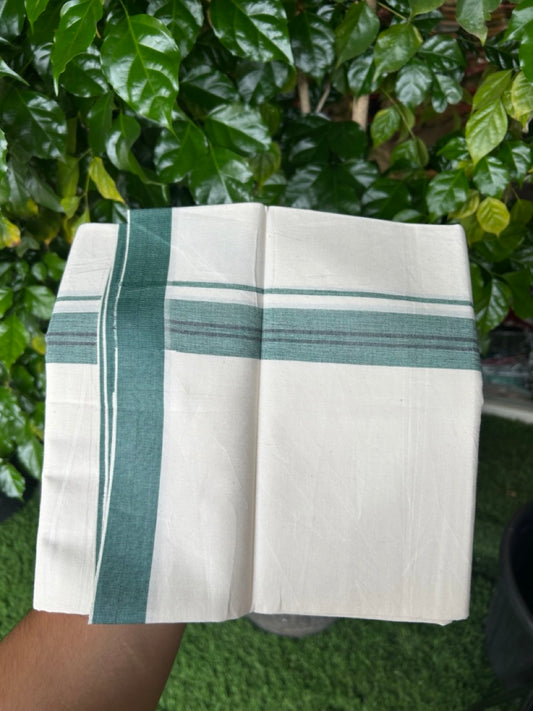 24% Discount !! KaithariKada Balaramapuram 100% Cotton OFF WHITE (Unbleached) Single Mundu/Dhoti - Twisted 60s Thread - 3 cm Green & Black shaded striped Kara (2 meter / 4 muzham) - 40KK5241 GL