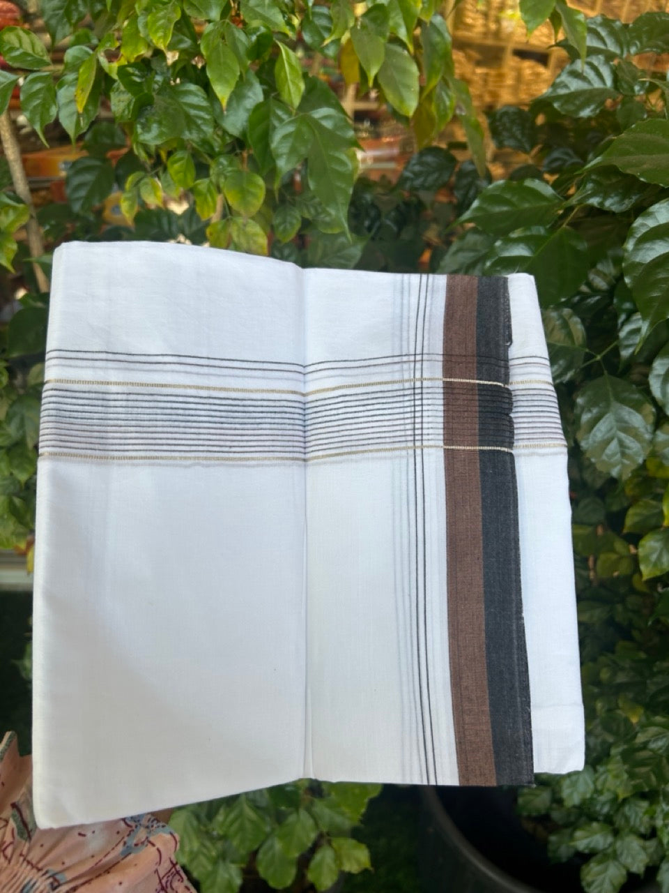 20% Discount ! Kaitharikada Balaramapuram 100% Cotton Pure White Double Mundu/Dothi - 100x80 - 1.5 inch Silver Kasav Black & Brown Stripes Kara 4 mtr (8.5 muzham) - 3 KK5270 VAS
