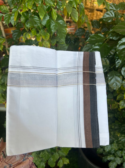 20% Discount ! Kaitharikada Balaramapuram 100% Cotton Pure White Double Mundu/Dothi - 100x80 - 1.5 inch Silver Kasav Black & Brown Stripes Kara 4 mtr (8.5 muzham) - 3 KK5270 VAS