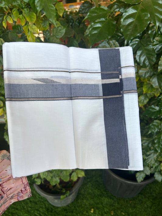 20% Discount ! Kaitharikada Balaramapuram 100% Cotton Pure White Double Mundu/Dothi - 100x80 - 1.75 inch Navy Blue & Silver Kasav Design Kara 4 mtr (8.5 muzham) -2 kk5270 VAS