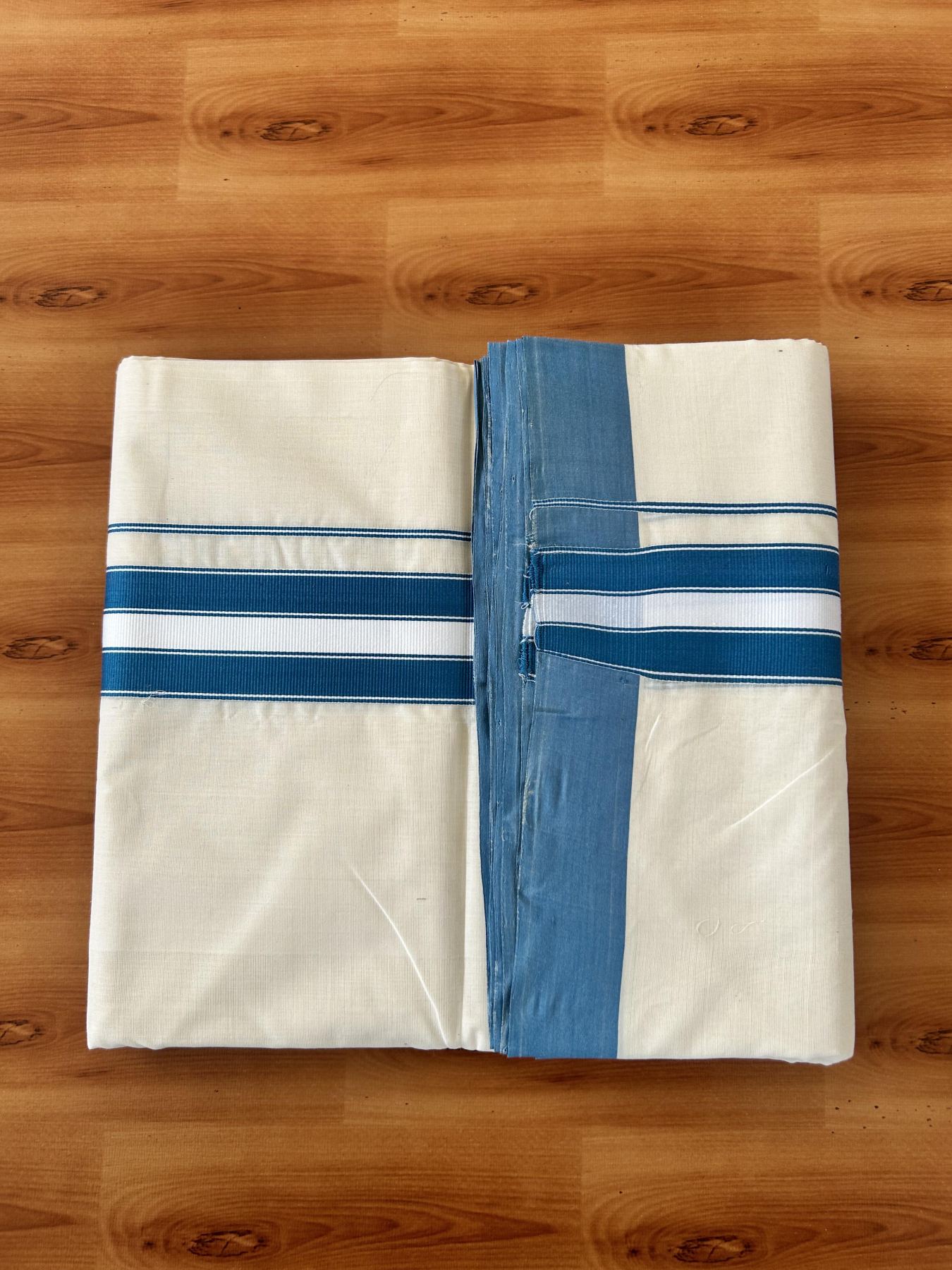 Double Off White (Unbleached) Mundu/Dhoti  25% Discount!! KaithariKada Handloom Unakkupaavu - Kerala Handloom - 100% Pure Cotton - 80x90 - 2 Inch Peacock Blue Kara - 4 mtr (8.5 Muzham) - 2 KK5459 ABH