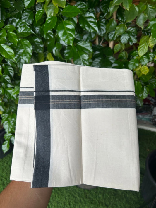 24% Discount !! KaithariKada Balaramapuram 100% Cotton OFF WHITE (Unbleached) Single Mundu/Dhoti - Twisted 60s Thread - 3 cm Black shaded sand brown striped Kara (2 meter / 4 muzham) - 34KK5241 GL