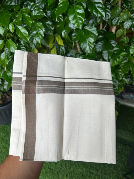 24% Discount !! KaithariKada Balaramapuram 100% Cotton OFF WHITE (Unbleached) Single Mundu/Dhoti - Twisted 60s Thread - 3 cm Brown shaded cream striped Kara (2 meter / 4 muzham) - 33KK5241 GL