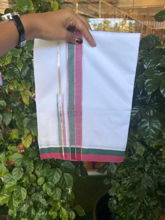 26% Discount ! NEW! KaithariKada Balaramapuram 100% Cotton Pure white Double Mundu/Dhoti - (100x80)s - 1.5 inch Silver Kasav  Light Maroon & Green - 17 KK5270 CKS