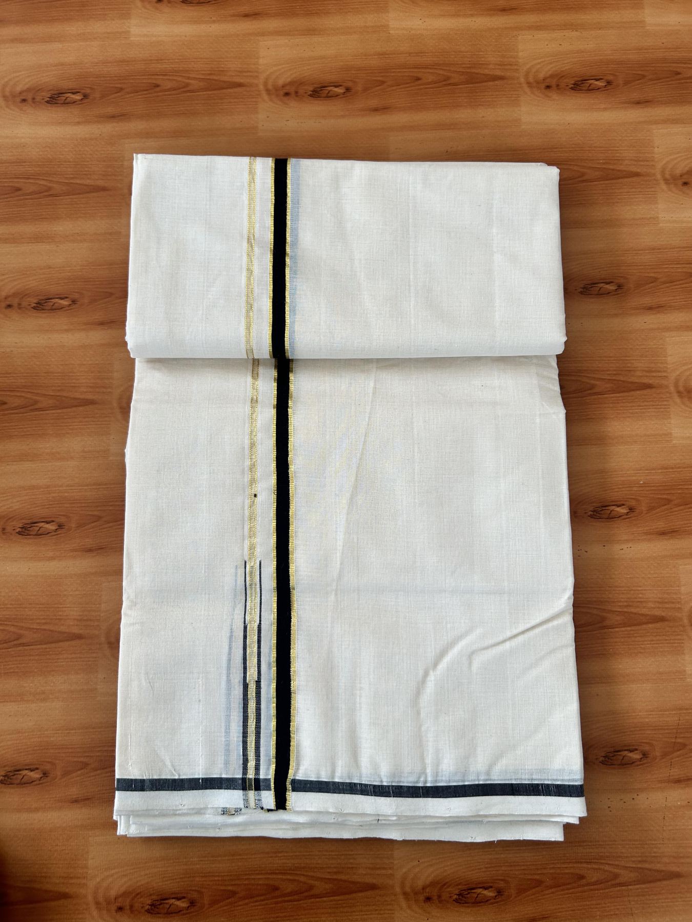 Double Off White (Unbleached) Mundu/Dhoti  25% Discount!! KaithariKada Handloom Millpaav - Kerala Handloom - 100% Pure Cotton - 80x90 - 1 cm Puliyilakkara Gold Kasav & Black Chutty Kara - 4 mtr (8.5 Muzham) - 1 KK5459 RAM