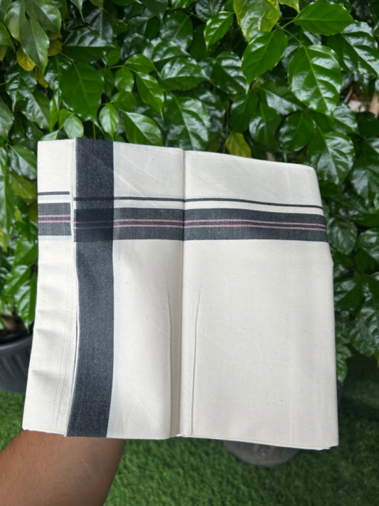 24% Discount !! KaithariKada Balaramapuram 100% Cotton OFF WHITE (Unbleached) Single Mundu/Dhoti - Twisted 60s Thread - 1 inch Black shaded pink striped Kara (2 meter / 4 muzham) - 32KK5241 GL