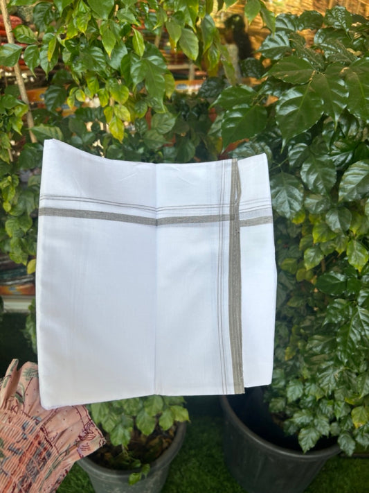 20% DISCOUNT!! NEW!! KaithariKada Balaramapuram 100% Cotton PURE WHITE Double Mundu/Dhoti - (100x80)s - 0.5 inch Olive Green Shaded - 9 KK5270 VIN