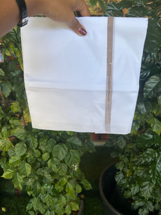 20% DISCOUNT!! NEW!! KaithariKada Balaramapuram 100% Cotton PURE WHITE Double Mundu/Dhoti - (100x80)s - 0.5 inch Brown Kara chutty - 10KK5270 VIN