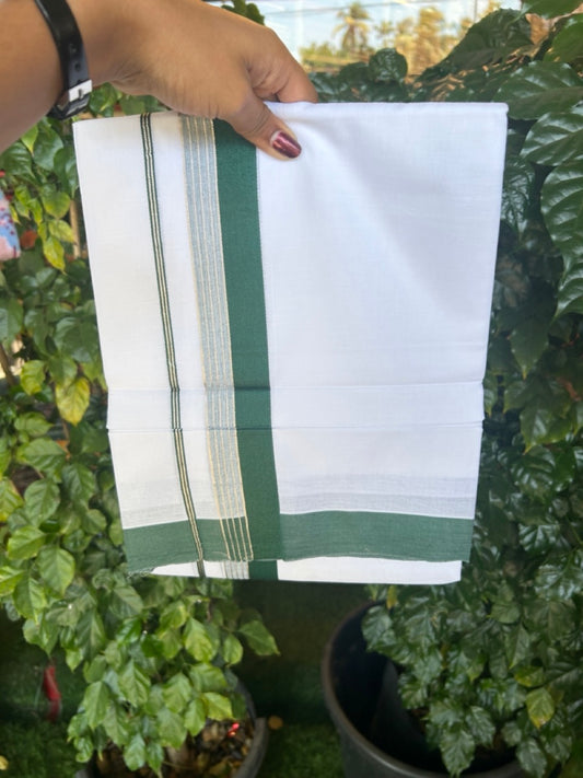20% Discount ! KaithariKada Balaramapuram 100% Cotton Double Pure white Mundu/Dhoti- 100x80 - 1.75 inch Silver Kasavu & Dark Green Striped Kara - 3.90mtr ( 8 muzham) -  12 KK5270PMC