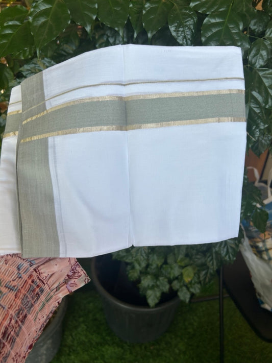 Short Dhoti Special - 28% Discount ! KaithariKada 100% Cotton Pure White Double Mundu / Dhoti - 100x80 - 45 inch Height 3.80 m Length  1.5 inch Light Sage Green & Silver Kasav kara - 13 KK5270 THI