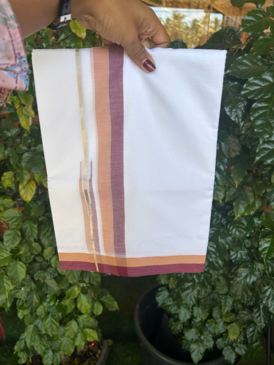 20% Discount ! NEW! KaithariKada Balaramapuram 100% Cotton Pure white Double Mundu/Dhoti - (100x80)s - 1.5 inch Sandal Brown & Light Maroon Chutty Silver Kasav Kara- 14 KK5270 CKS