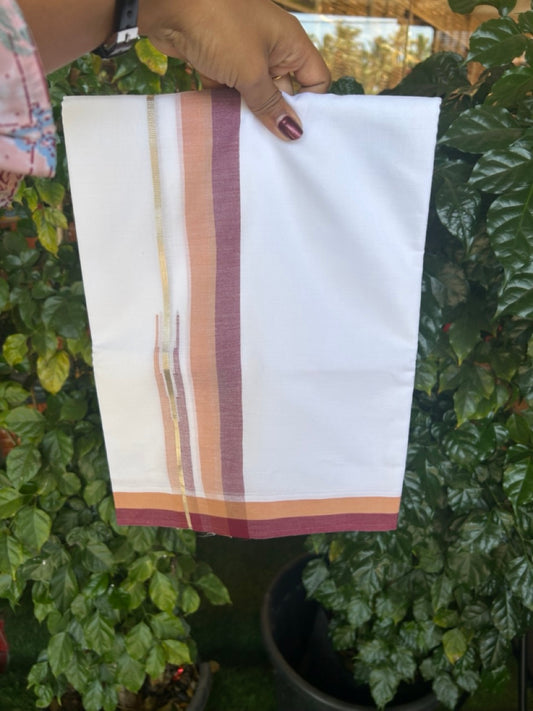 20% Discount ! NEW! KaithariKada Balaramapuram 100% Cotton Pure white Double Mundu/Dhoti - (100x80)s - 1.5 inch Sandal Brown & Light Maroon Chutty Silver Kasav Kara- 14 KK5270 CKS