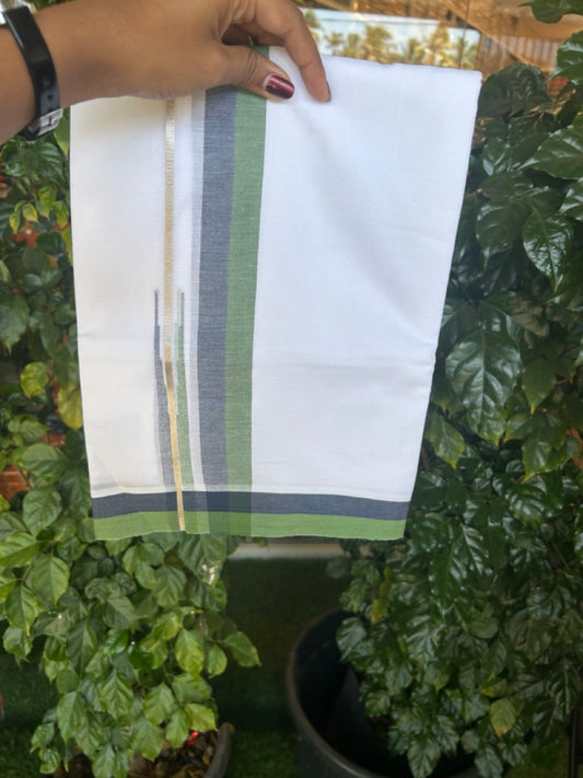 20% Discount ! NEW! KaithariKada Balaramapuram 100% Cotton Pure white Double Mundu/Dhoti - (100x80)s - 1.5 inch Navy Blue & Green Chutty Silver Kasav Kara- 15 KK5270 CKS