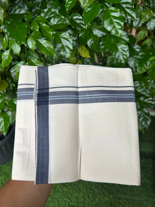 24% Discount !! KaithariKada Balaramapuram 100% Cotton OFF WHITE (Unbleached) Single Mundu/Dhoti - Twisted 60s Thread - 1 inch Navy blue & black shaded striped Kara (2 meter / 4 muzham) - 37KK5241 GL