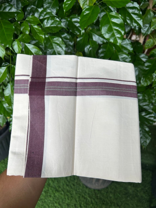 24% Discount !! KaithariKada Balaramapuram 100% Cotton OFF WHITE (Unbleached) Single Mundu/Dhoti - Twisted 60s Thread - 3 cm Maroon black shaded striped Kara (2 meter / 4 muzham) - 36KK5241 GL