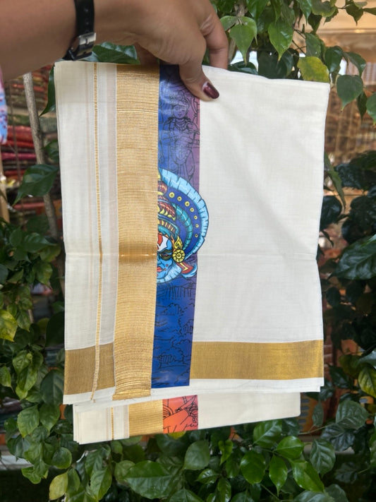 20% Discount! KaithariKada Balaramapuram  off white Double - (Unbleached) Mundu/Dhoti - Mixed Cotton (80x72) - Hand Printed Kathakali, Radha Krishna Gold Kasav Blue & Orange Pattern 2.75 inch Kara - 13 KK5271 PMC